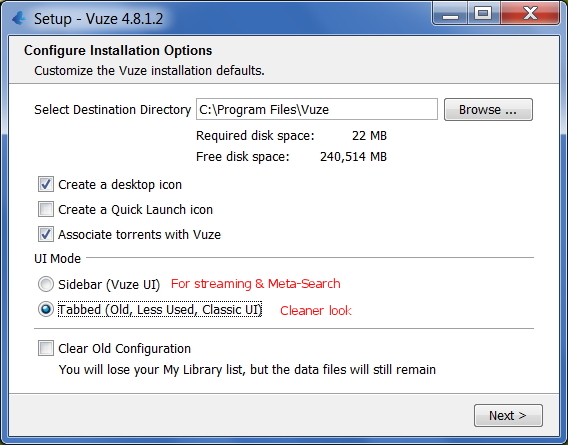 Vuze Installation Configuration Options Screen vuze-install-configuration-options-screen