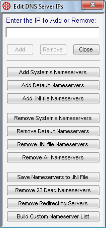 DNS Benchmark server menu DNS Benchmark add or remove servers menu