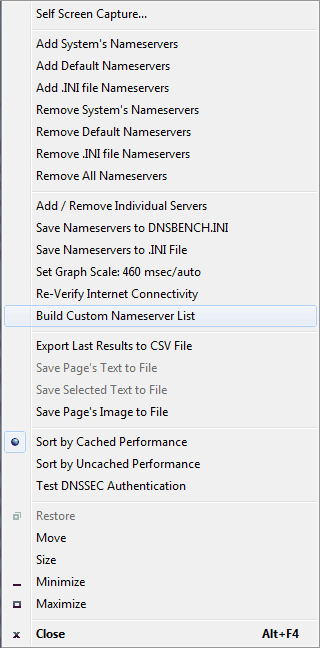 DNS Benchmark main menu DNS Benchmark system menu