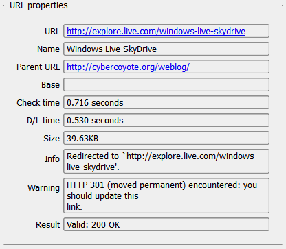 LinkChecker output.