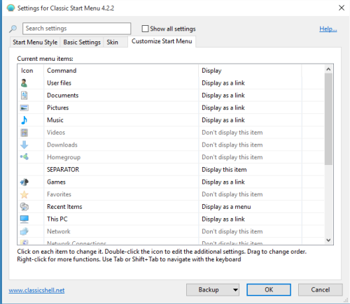 Settings for Classic Start Menu