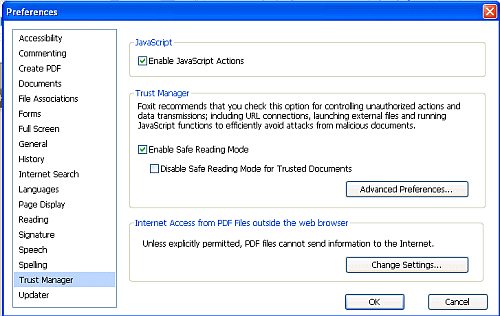 Foxit PDF reader KavaScript settings