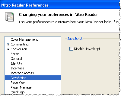 Nitro Reader JavaScript settimgs