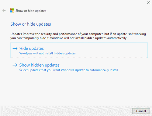 Windows 10 options to hide updates