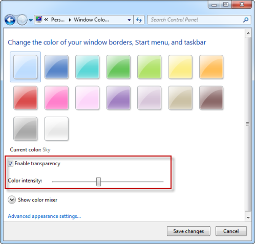 Configuring Windows 7 Aero transparenccy