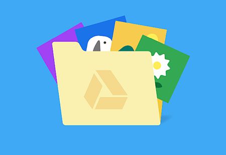 Google icon, file folder with photos protruding from folder