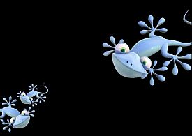 three big eyed, cartoon-like grinning blue geckos on a black background