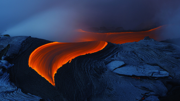 Oange lava flow over cooled flow