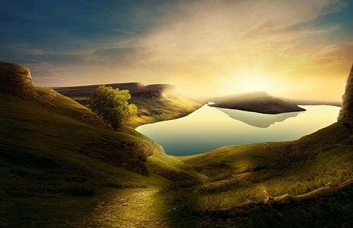 Lake nestled in green hills